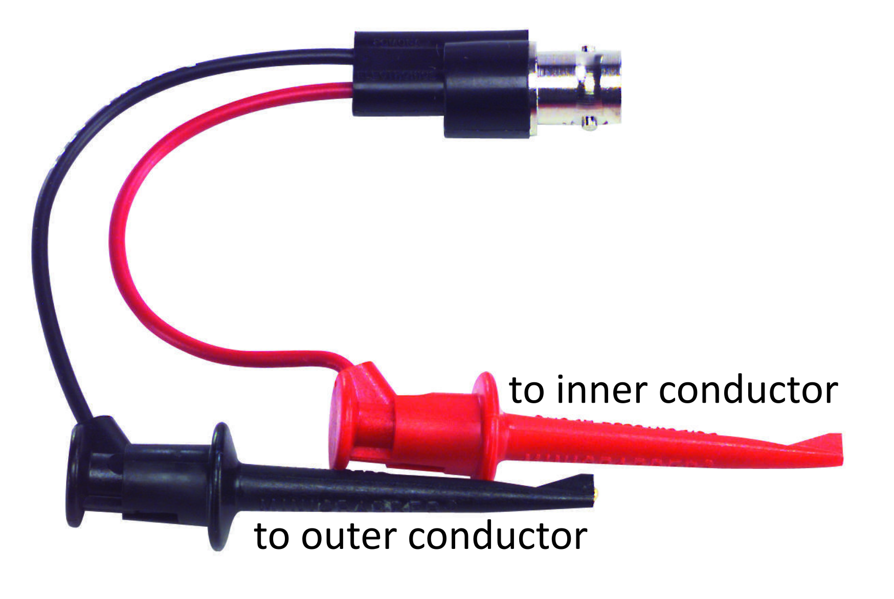 Mini-Grabber to BNC Socket Connector - this allows you to make connections to exposed wires. The red grabber is connected to the inner conductor and the black grabber is connected to the outer conductor.