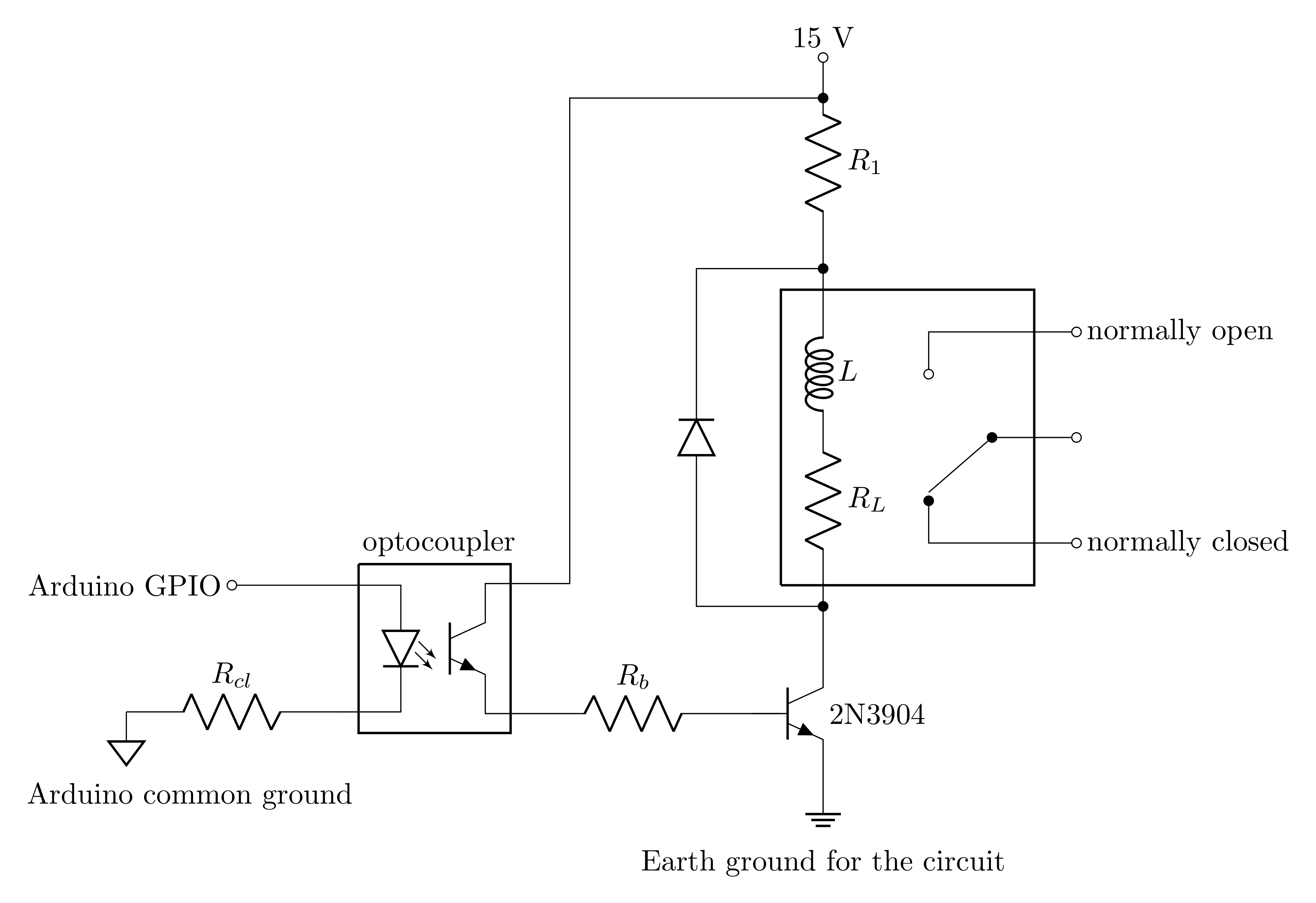 Relay control with an optocoupler isolating the Arduino and an NPN transistor used as a switch.