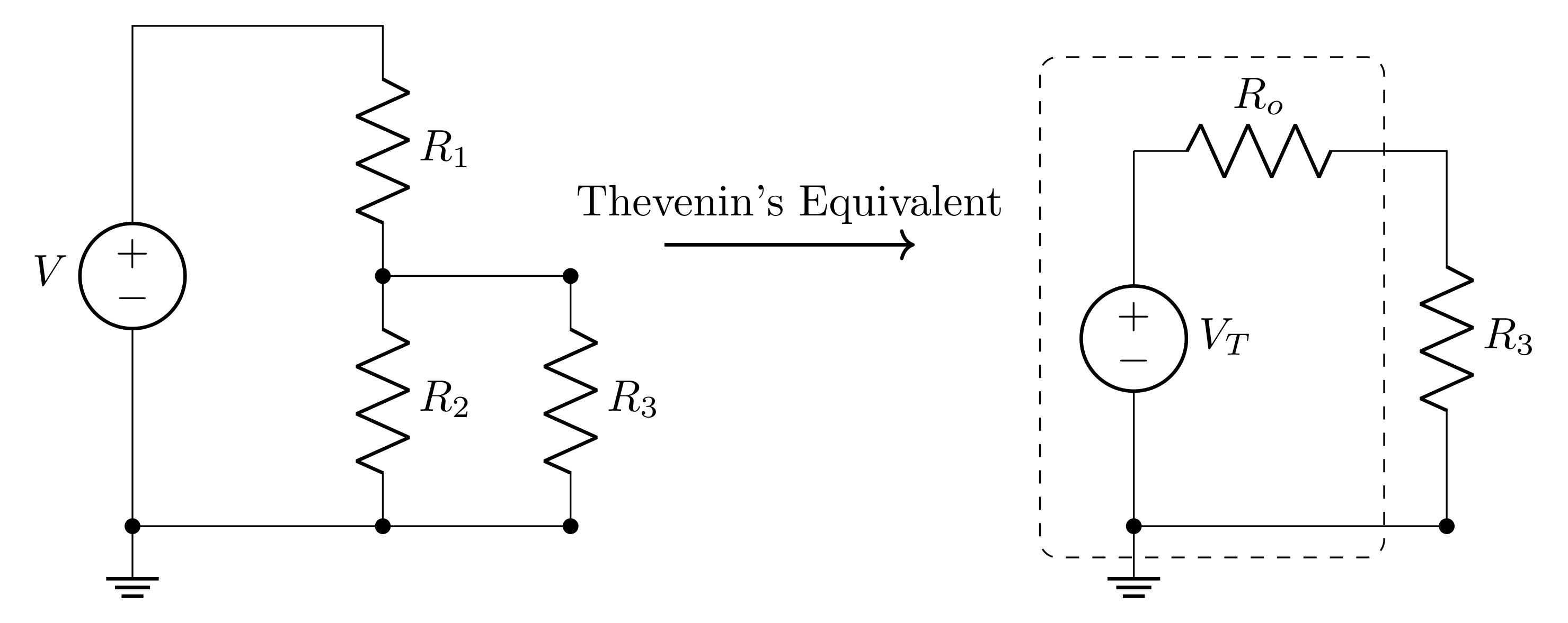 Thevenin equivalent circuit of a voltage divider, showing an ideal voltage source V_T in series with output resistance R_o.