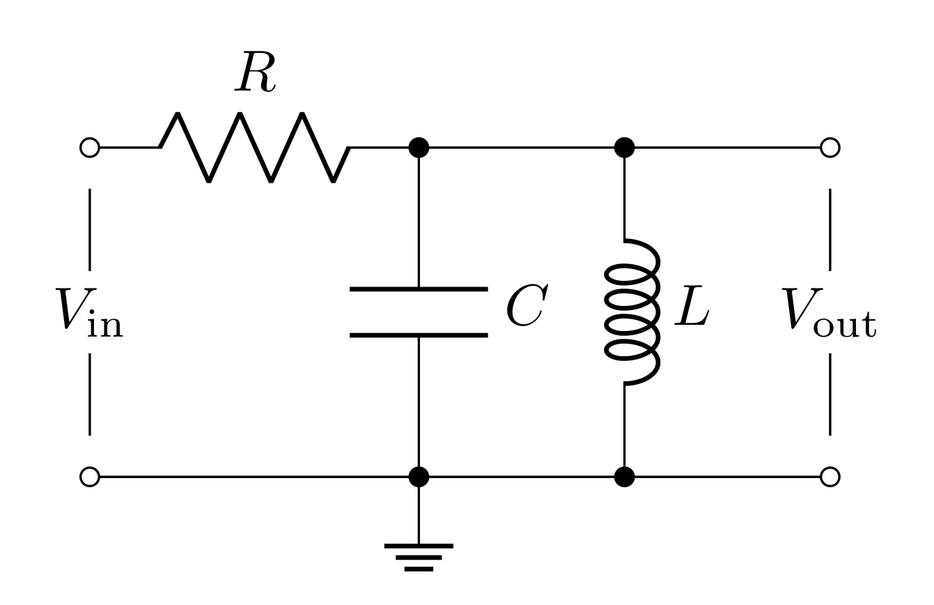 Bandpass filter circuit with a resistor in series and a parallel inductor-capacitor combination to ground.
