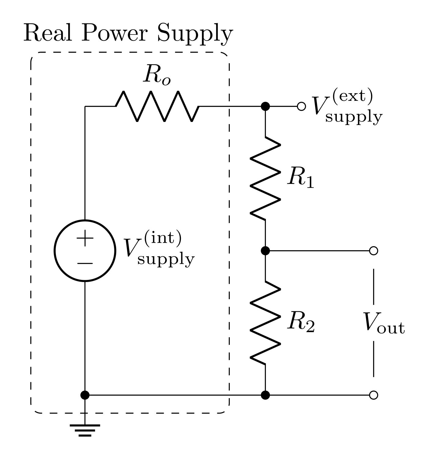 Voltage divider circuit with a real power source modeled as an ideal source in series with output impedance R_o.