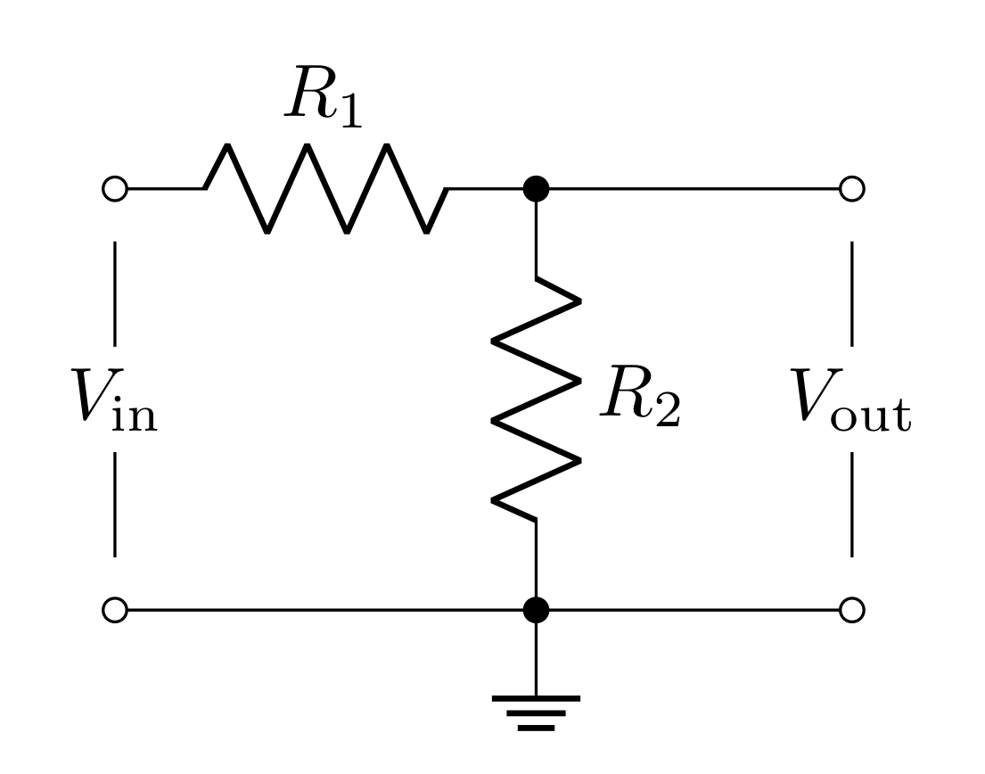 Circuit diagram of a voltage divider with resistors R1 and R2 in series, showing input voltage V_in and output voltage V_out across R2.