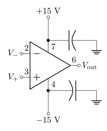 Decoupling capacitors near the power pins are necessary for proper op-amp performance. Polarized capacitors are typically used because they can have large capacitances in a small form factor.