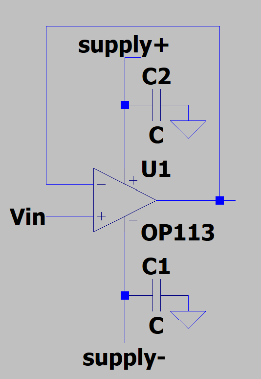 This shows the op-amp with decoupling capacitors
