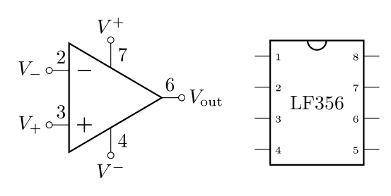 Pin diagram for LF356 (left). The numbers correspond to the corresponding pin on the DIP chip (right)