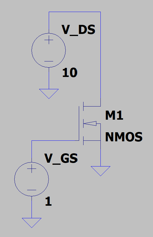 The circuit to simulate in LTspice. V_{DS} is labeled V_DS and V_{GS} is labeled V_GS