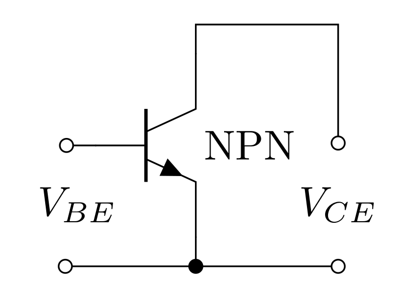 The two important voltages to consider are the base-emitter voltage V_{BE} and the collector-emitter voltage V_{CE}.