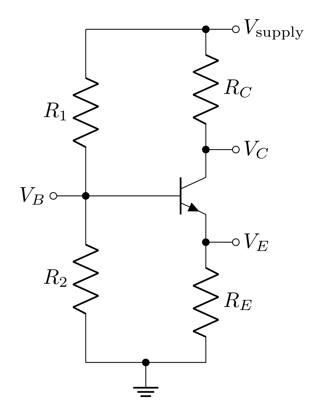 A transistor biased by the resistor network formed by R_1 and R_2..