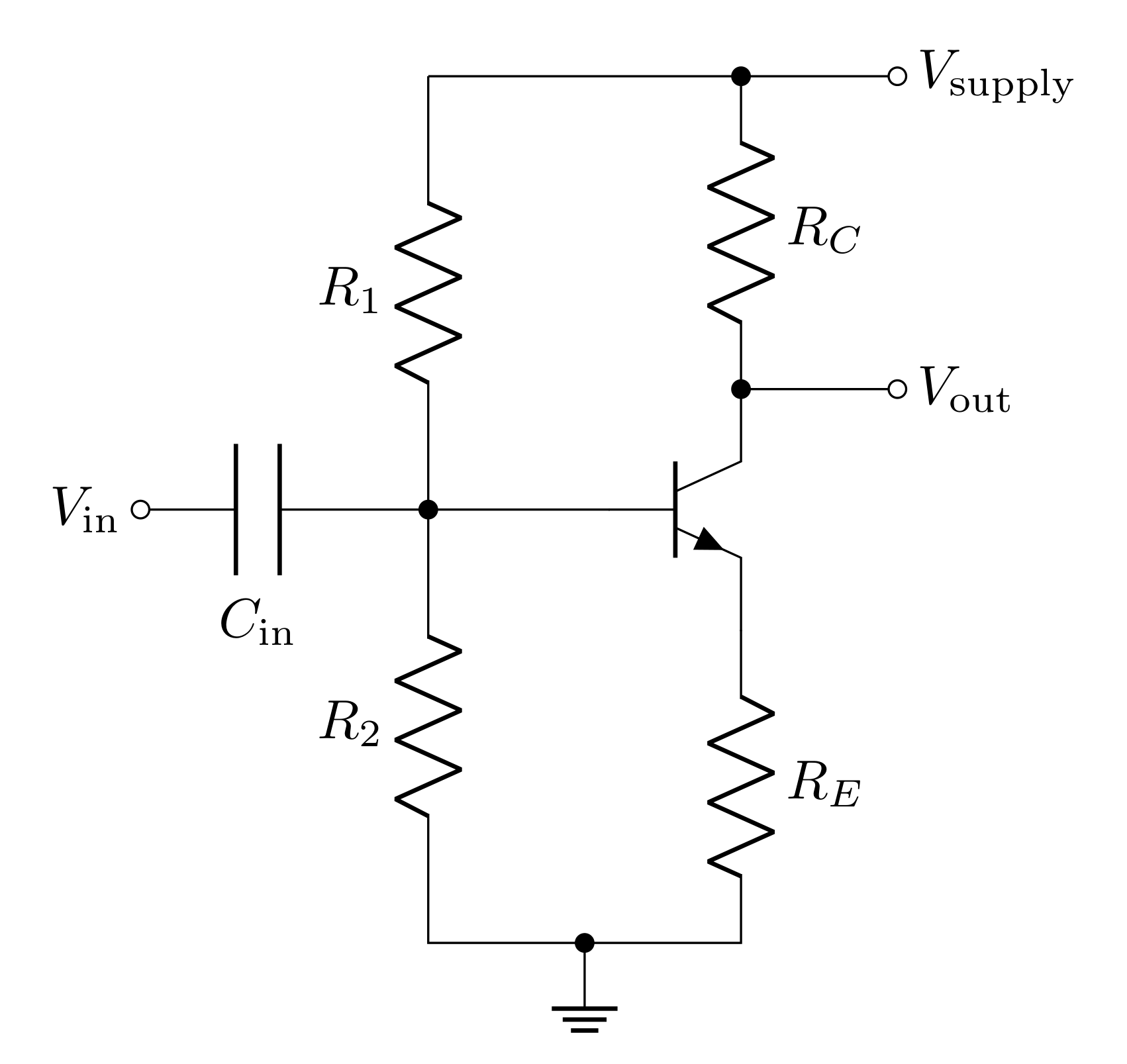 Common emitter amplifier with biasing network and input coupling capacitor.