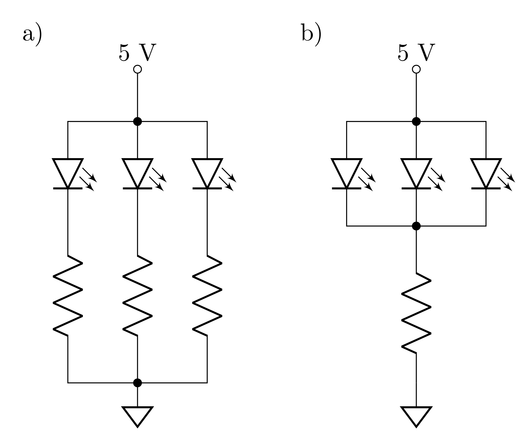 Figure 3: LEDs linked in parallel (these could be connected to different GPIO pins) can either have a) individual current limiting resistors or b) a single current limiting restance.