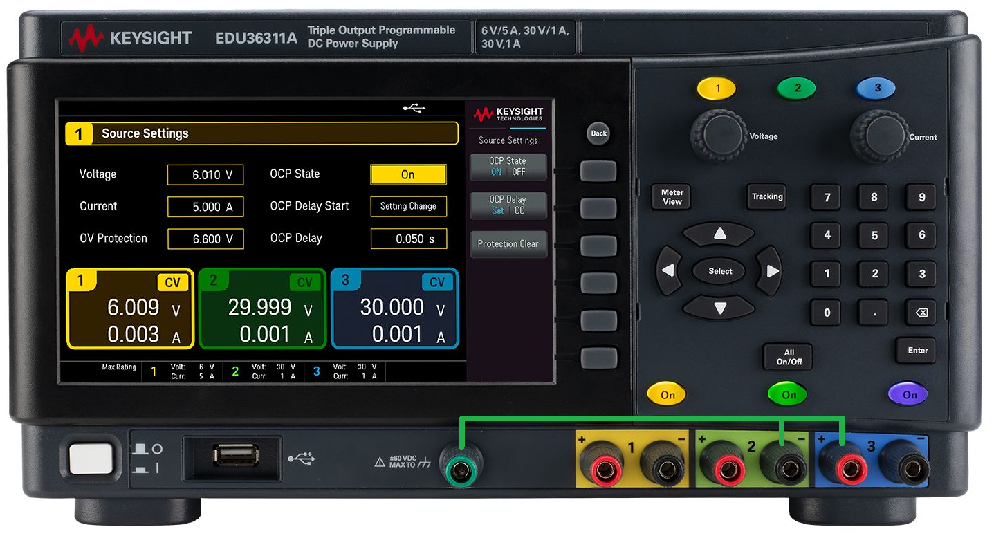 Figure 10: Keysight EDU36311A DC power supply connections