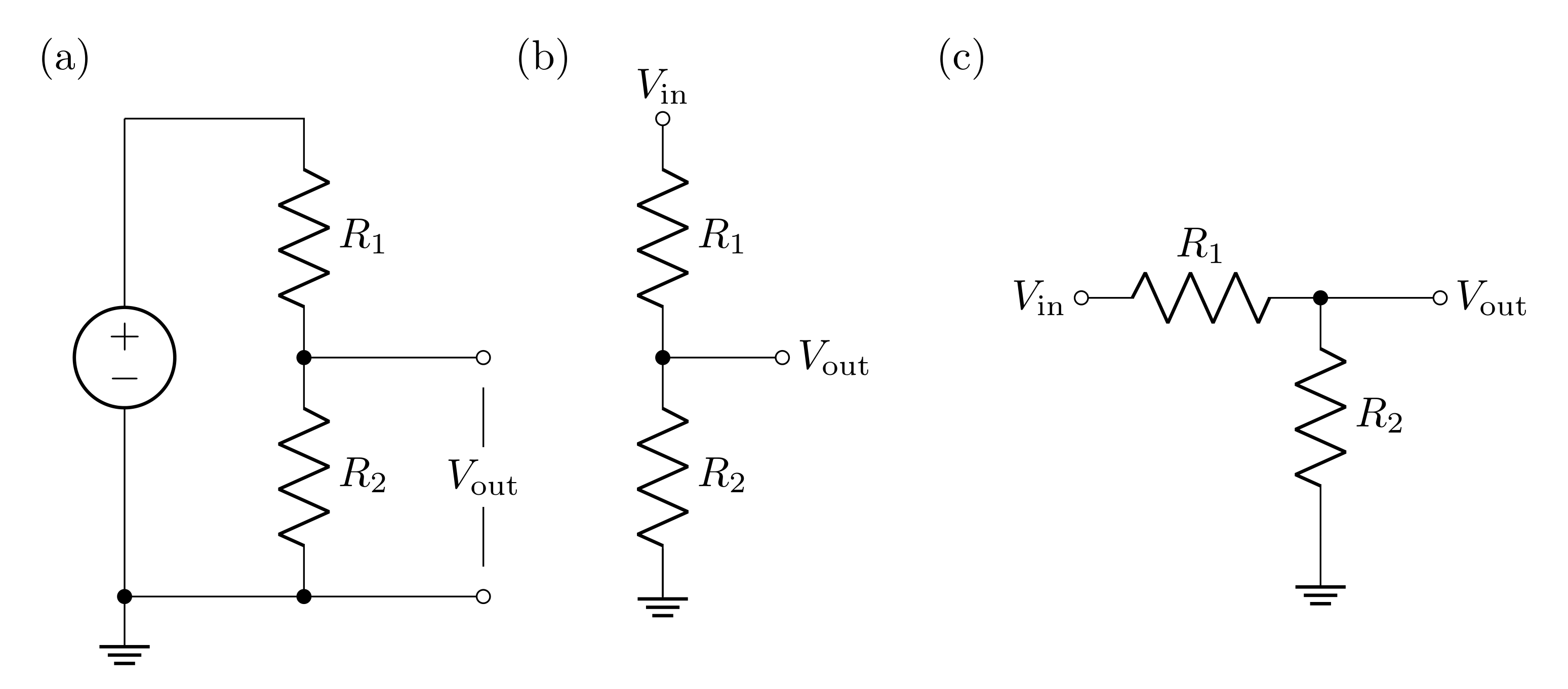 Figure 5: Three equivalent Ideal Voltage Divider circuits. (a), (b), and (c) are all equivalent diagrams representing the exact same circuit!