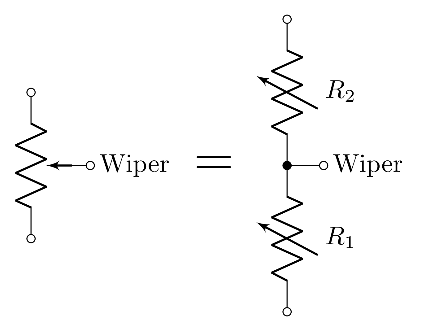 Figure 11: A potentiometer (symbol shown on the right), has a wiper which connects at a variable position along a length of wire with a fixed resistance per length. The potentiometer acts like two variable resistors (as shown on the right) where R_1+R_2 is a fixed value (in our case, 10\text{ k}\Omega)