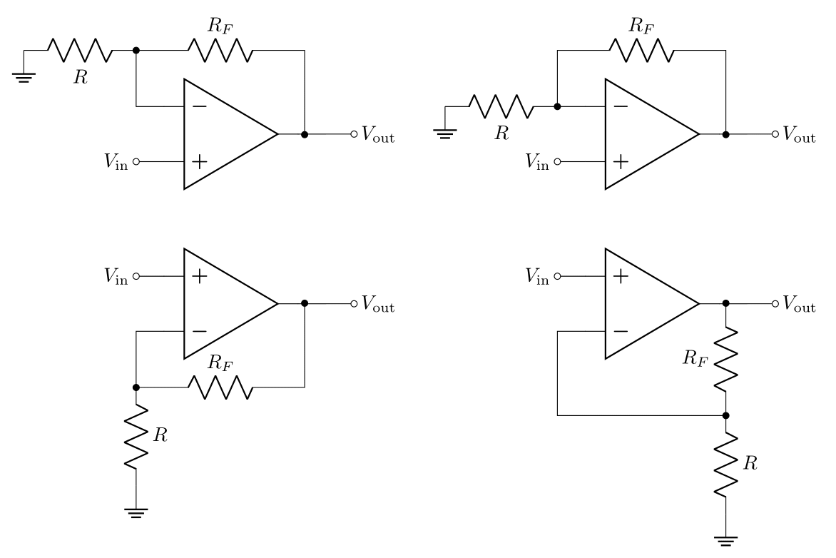 Figure 4: Non-inverting amplifier diagram variations (all of these are the exact same circuit). Note that all of these have feedback to the negative pin.