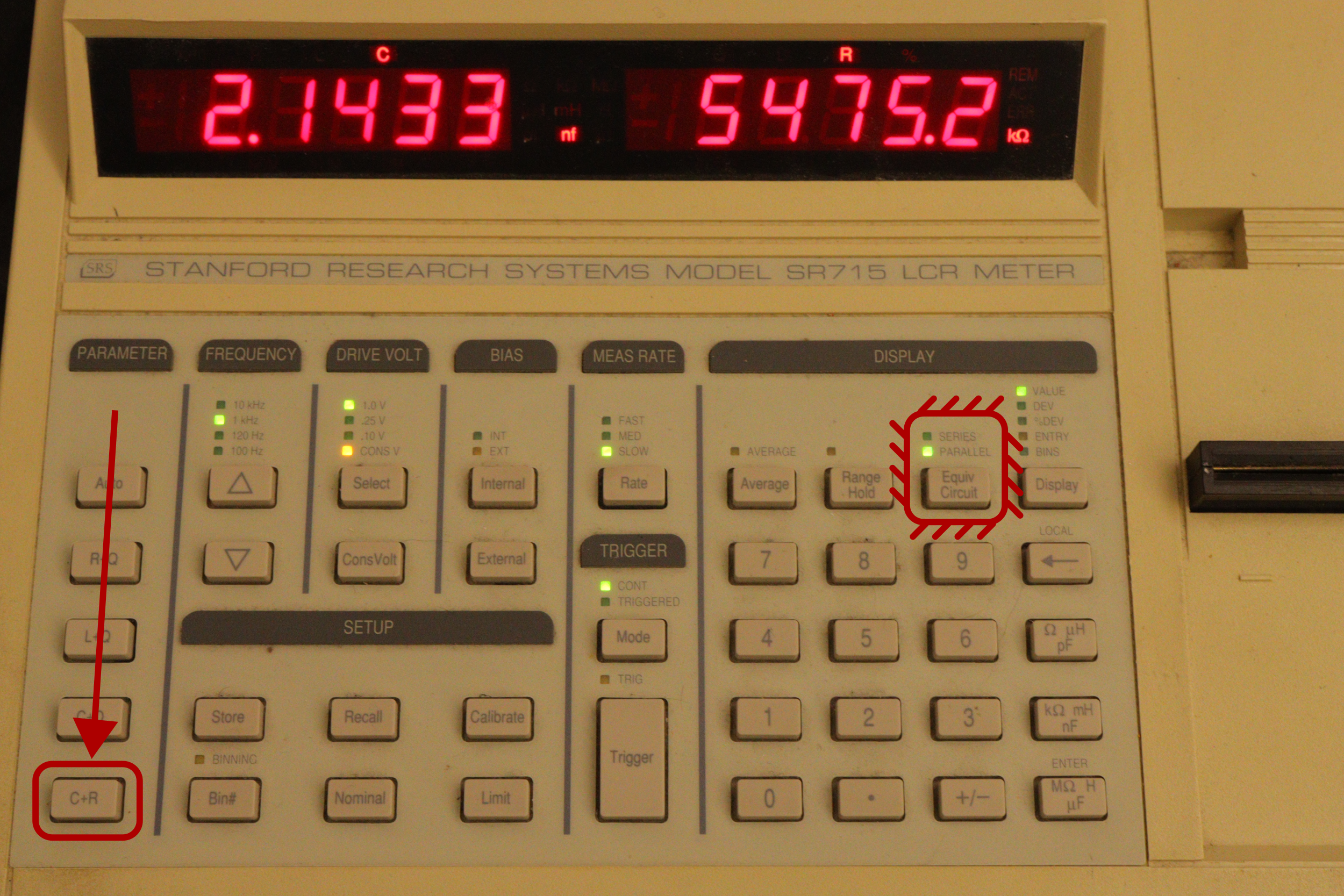 Figure 7: When you measure your capacitor, make sure the PARAMETER is set to C+R and the Equiv Circuit is set to PARALLEL