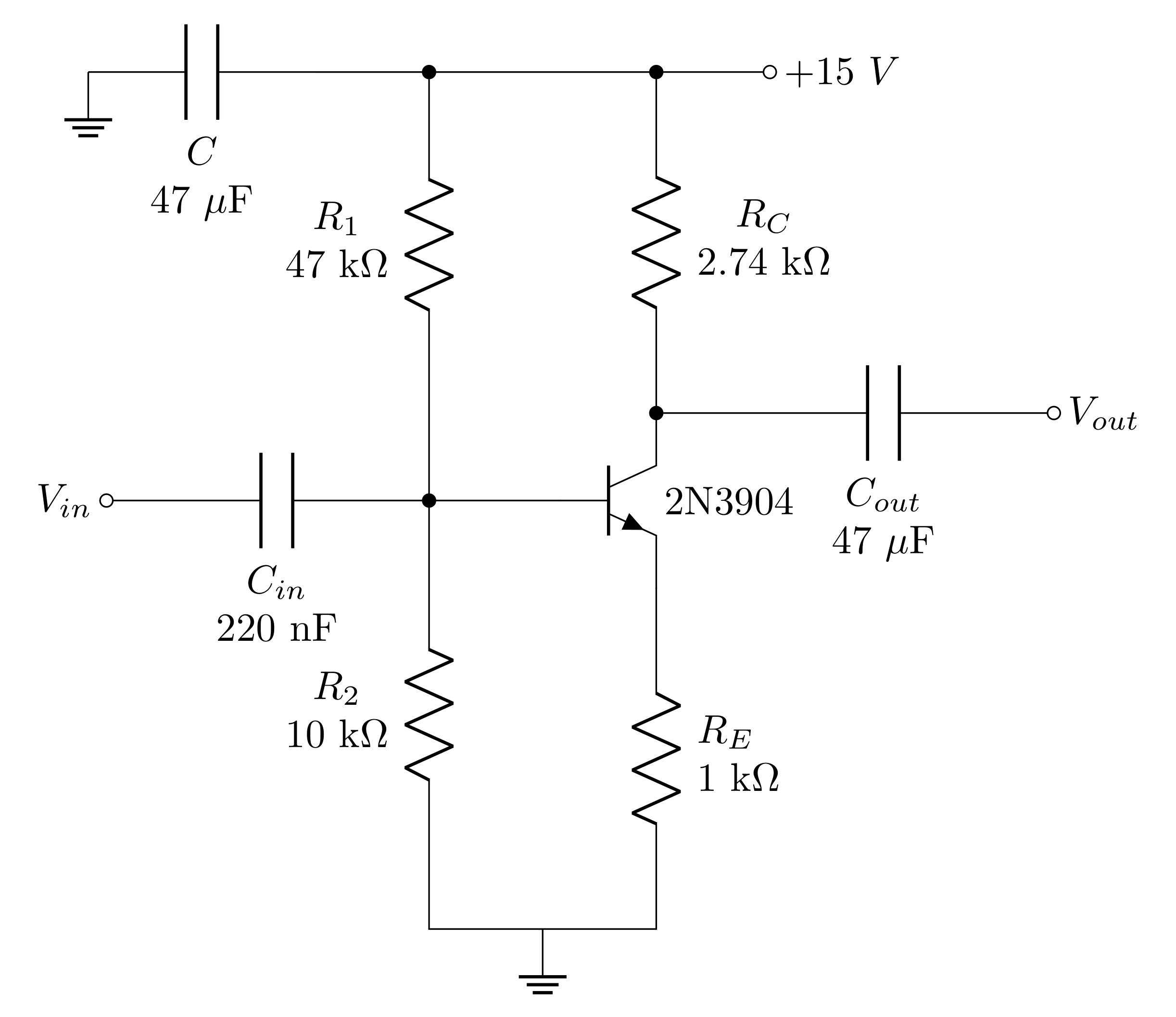 Figure 4: Common emitter amplifier with biasing network and coupling capacitors in place