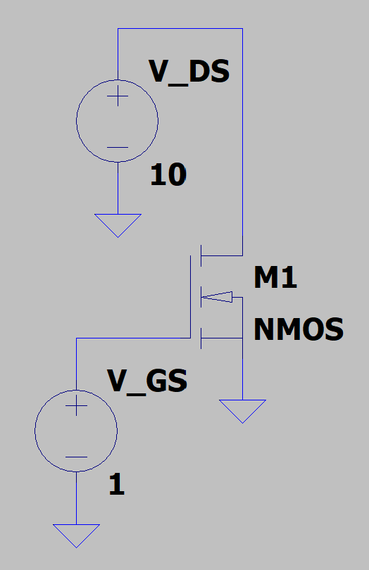 Figure 8: The circuit to simulate in LTspice. V_{DS} is labeled V_DS and V_{GS} is labeled V_GS