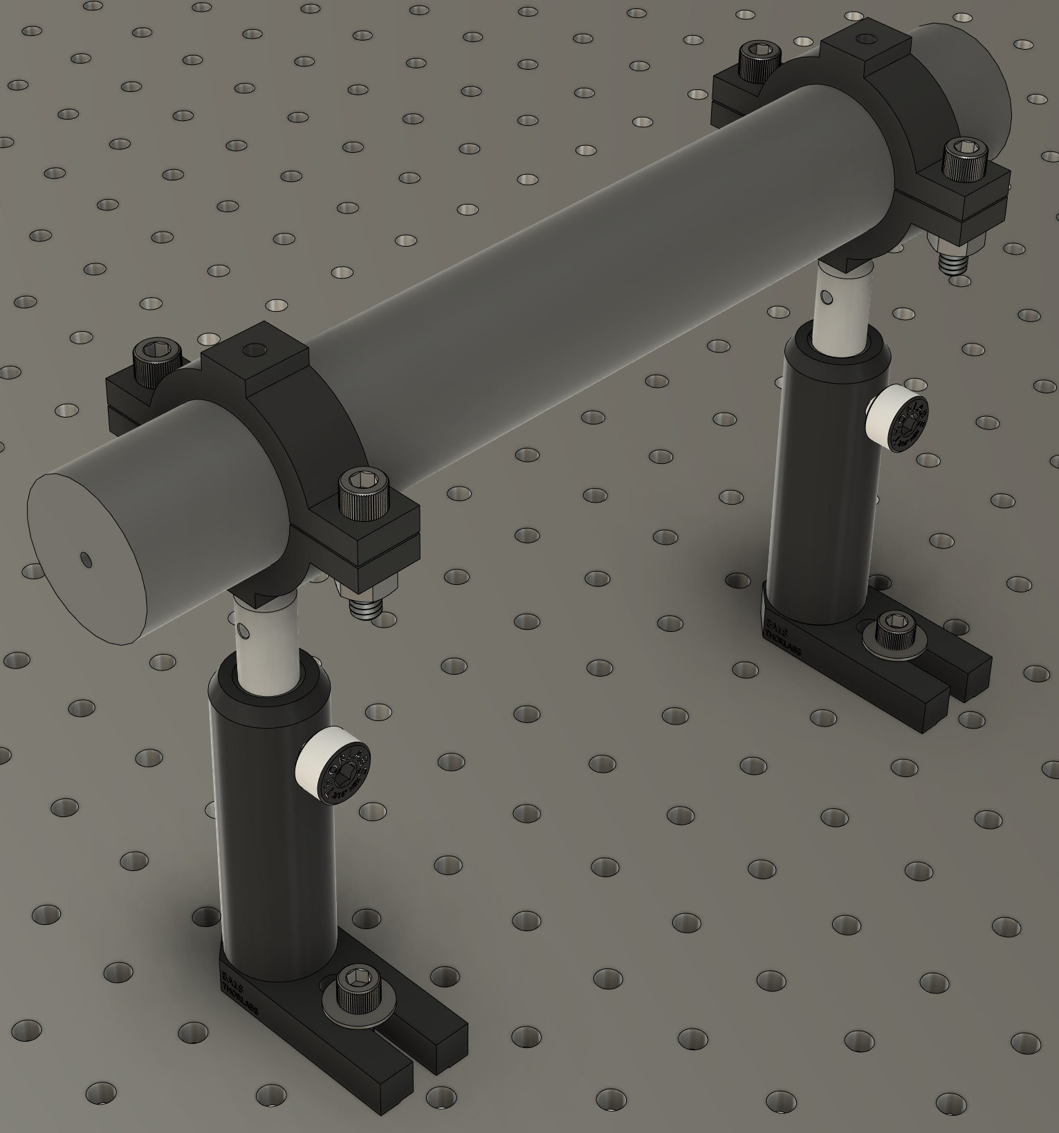 CAD assembly showing a He-Ne laser mounted to an optical table with 3D-printed tube mounts.
