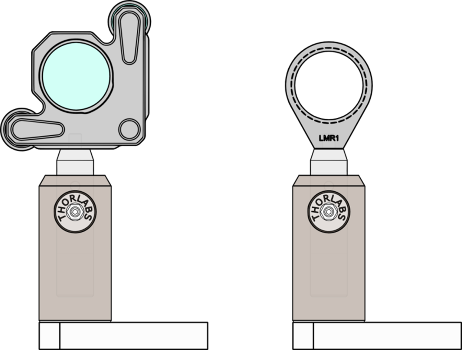 Mounting assemblies for a mirror (left) and a lens (right).