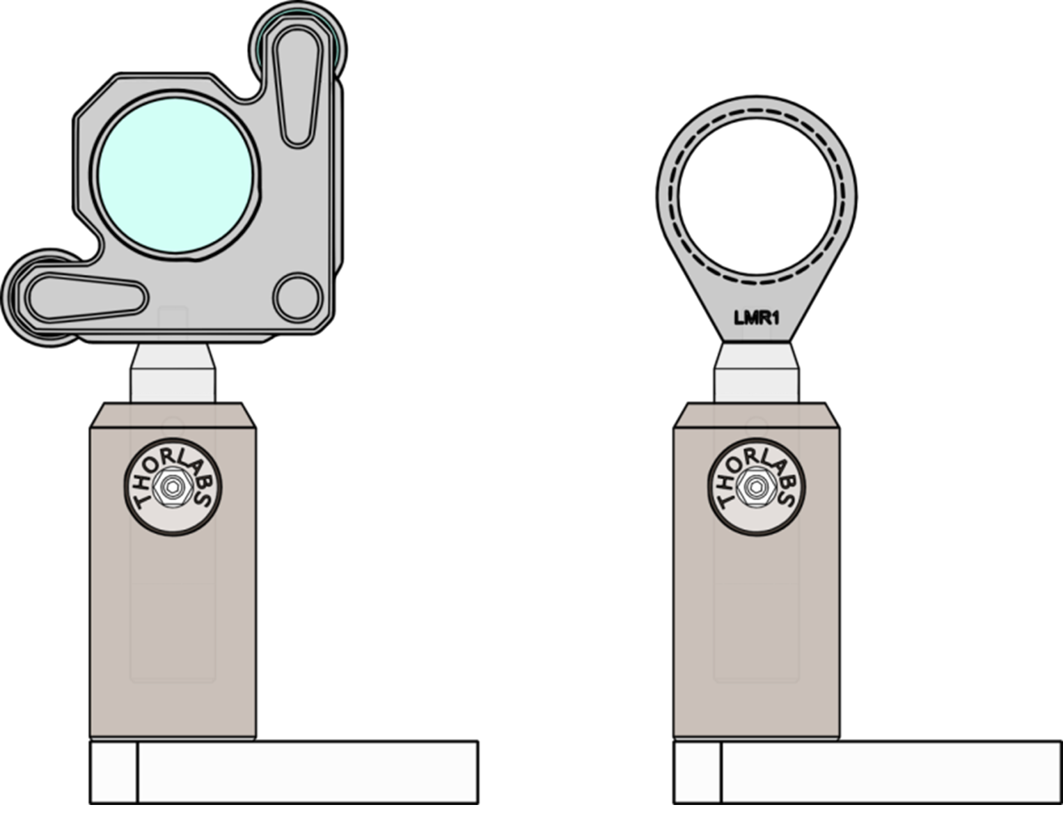 Figure 2: Mounting assemblies for a mirror (left) and a lens (right).