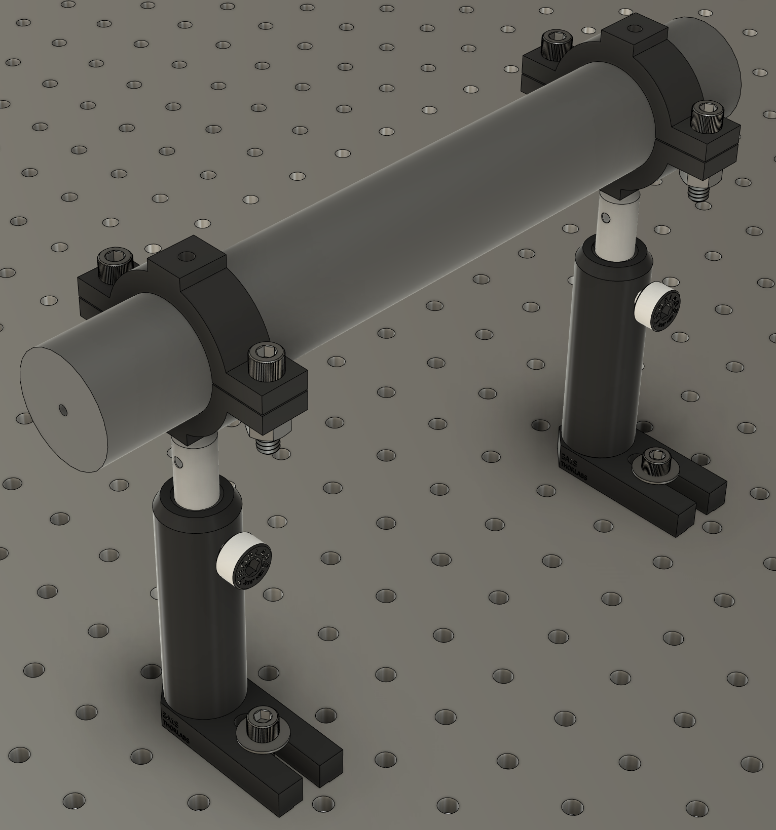 Figure 1: CAD assembly showing a He-Ne laser mounted to an optical table with the 3D-printed tube mounts that can be found in the tool cabinets in the optical bays of G214.